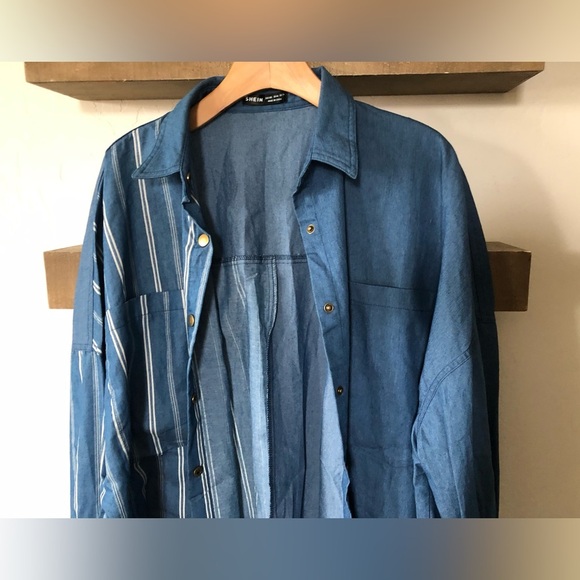 Shein|Oversized button down chambray top, striped & solid—asymmetrical hem•••XXL - Picture 3 of 14